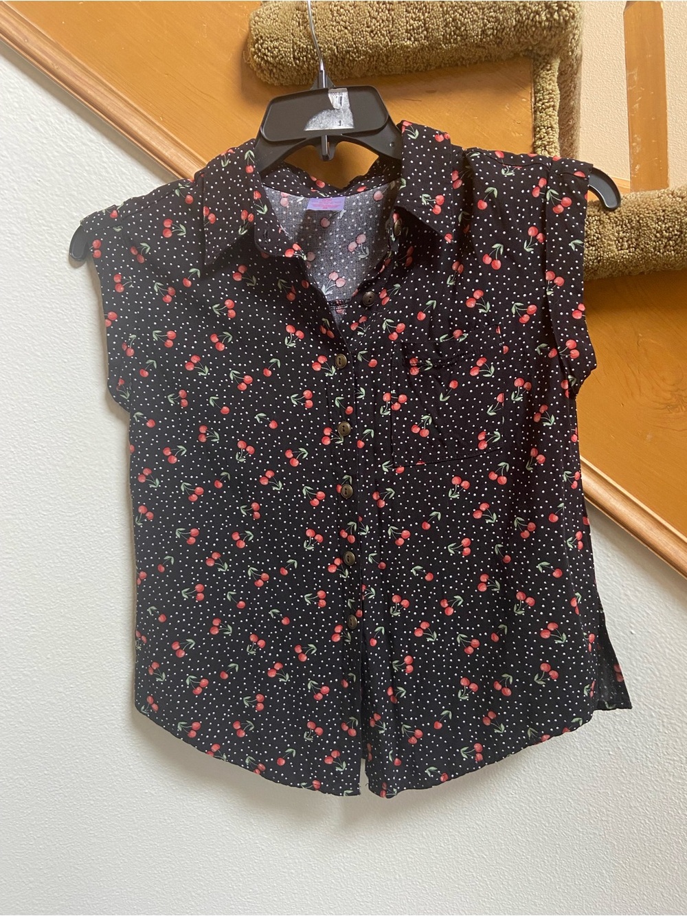 NOBO Cherry + Polka Dot Print Button-up Tee Shirt like new young adult size S